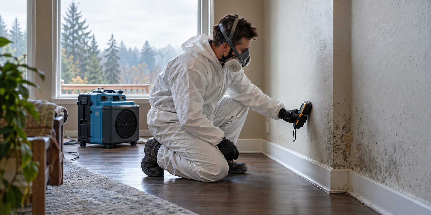 Technician checks a moisture-affected wall for hidden mold damage in a Marysville-area home.