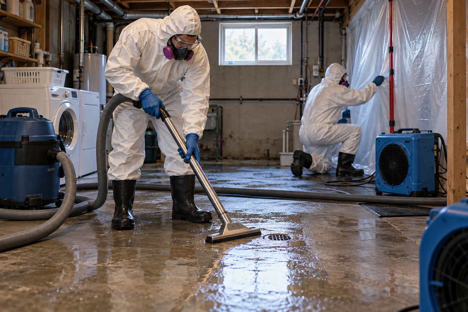Restoration technicians extracting a basement sewage backup and setting up containment in a Marysville home.
